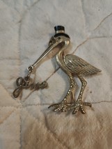 Vtg Goldtone Large Stork Pin Brooch Top Hat Glasses Bird W/ June Charm B... - $40.92 CAD