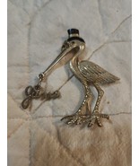 Vtg Goldtone Large Stork Pin Brooch Top Hat Glasses Bird W/ June Charm B... - €26,01 EUR