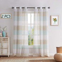 The Central Park Tan And Spa Blue Stripe Sheer Color Block Window Curtain Panel - £33.20 GBP