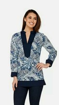 C.Wonder ~ Women&#39;s Size 8 ~ Blue Paisley Print ~ Long Sleeve Tunic w/Solid Trim - £17.65 GBP