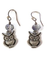 Petite Owl Charm Silver Tone With Clear Faceted Bead Dangle Drop Earrings - £15.29 GBP