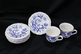 Oriental Onion Ironstone Saucers and Cups Lot of 9 Blue White - £27.73 GBP