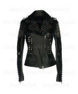 New Women Black Genuine Stylish Leather Jacket Spiked Silver Studded Jac... - $279.99