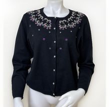 Vintage Pappagallo Sweater Womens XL Petite Black Beaded Crystal Button ... - $22.06