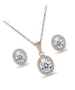 Sterling Silver Oval Halo Stud Earrings and Necklace Set AAA - £158.34 GBP