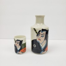 Vtg Tokkuri Japanese Sake Carafe Cup Kabuki Theater Samurai Decanter Bottle Set - $33.24