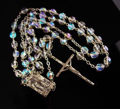 Vintage Rosary - Aurora Borealis Crystal beads - holy water - Sacred Heart relig - £116.18 GBP