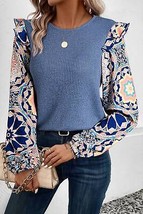 Ashleigh Blue Ruffled Floral Sleeve Patchwork Waffle Knit O Neck Blouse - $21.99