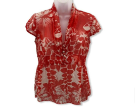 H&amp;M Womens Red Floral Ruffle Hem Sheer Tunic Top Size 6 - £18.12 GBP