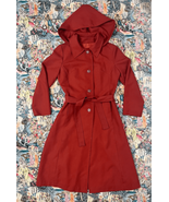 Vtg 1970s Burgundy Orange Hooded Rain Trench Coat Jacket Sz M - £30.11 GBP