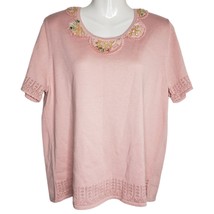Alfred Dunner Women&#39;s Sweater Medium Pink Short Sleeves Embellished Neckline - £12.62 GBP