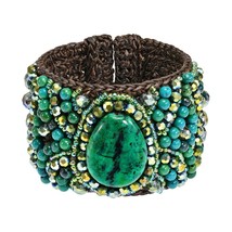 Boho Chic Floral and Green Malachite Teardrop Mosaic Crystals Cuff Brace... - $34.05