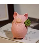 Wood Pig Figurine with Four-Leaf Clover Cute Desk Ornament - $28.22