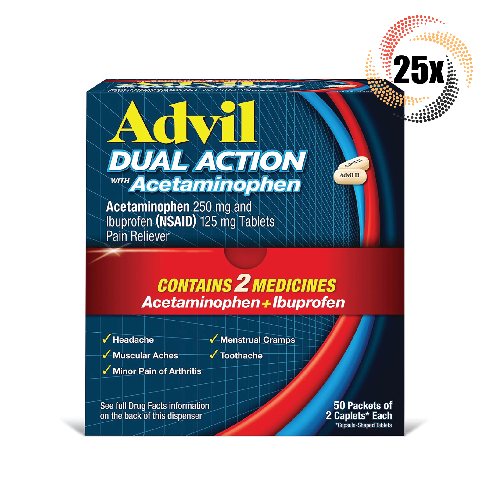 Primary image for 25x Packs Advil Dual Action Acetaminophen & Ibuprofen ( 2 Capsules Per Pack )