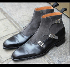 Triple Buckle Straps Two Tone High Ankle Gray Black Superior Leather Men Boots - £127.88 GBP+