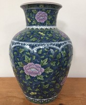 Vintage Handpainted Blue Pink Lotus Flower Chinese Porcelain Vase Ginger Jar 10&quot; - £235.89 GBP