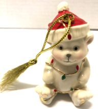 LENOX Teddy Bear With Christmas Lights and Santa Hat 3 1/2&quot; Porcelain Ornament - £9.44 GBP