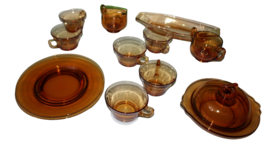 13 Piece Vintage Amber Glass Dinnerware With Loaf Tray And Covered Bowl Cups - £51.24 GBP