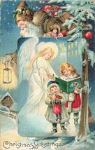 Brown Suit SANTA-BAG Of TOYS-LANTERN-ANGEL-GIRLS-DOLL~MERRY Christmas Postcard - £11.12 GBP