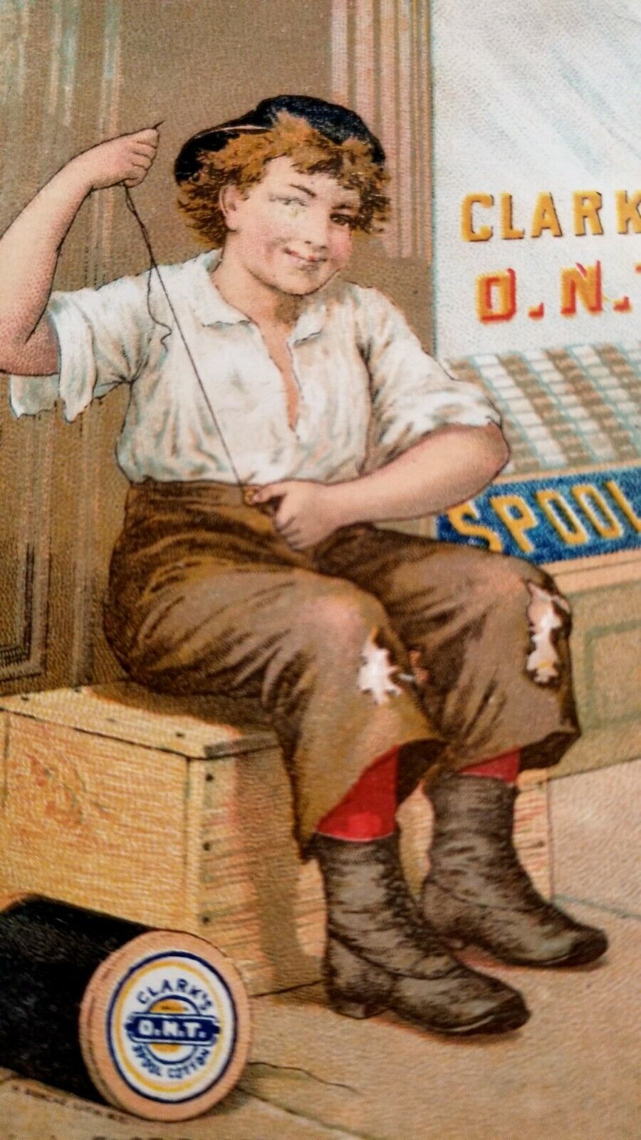 Primary image for Antique Victorian Trade Card RUFFIAN GIRL SEWS THE CLOTHES SHE'S WEARING Clark's