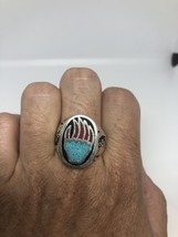 Vintage Silver White Bronze Southwestern Bear Paw Turquoise Inlay Ring Size 9 - £26.62 GBP