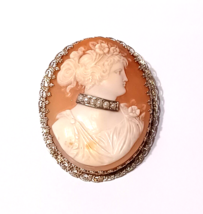 Gorgeous Victorian Shell Cameo &amp; 14K White Gold Brooch ~ Cameo w/ Pearl Choker - £492.81 GBP