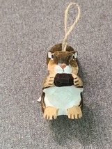 Rustic Hand Carved Wood Squirrel w/Acorn Christmas Ornament Folk Art Cabin Decor - £7.43 GBP