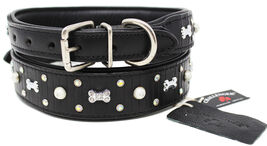 Leather Crystal Dog Bone Charm Collar Padded Double Ply Riveted Settings  - $29.69+