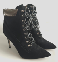 Isnom Women Size 9.5 M Black Faux Suede Ankle Stiletto Booties Boots Lac... - £22.38 GBP