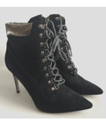 Isnom Women Size 9.5 M Black Faux Suede Ankle Stiletto Booties Boots Lac... - £22.04 GBP