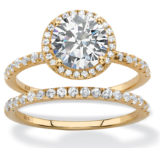 Round Halo Cz Gp 2 Ring Set Band Solid 14K Gold Sterling Silver 6 7 8 9 10 - £95.89 GBP