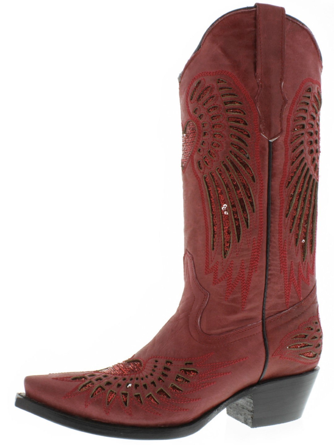Womens Western Boots Cowboy Red Leather Sequins Heart Wings Snip Toe Siz... - $76.82