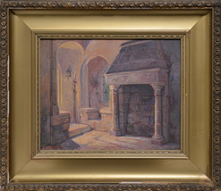 Interior of Medieval Stone Castle Early 20 century Antique Austrian Oil Painting - £207.83 GBP