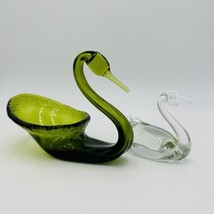 Viking Swan Pair Figurines Art Glass Green Avocado Clear Vintage Home Decor - $73.87