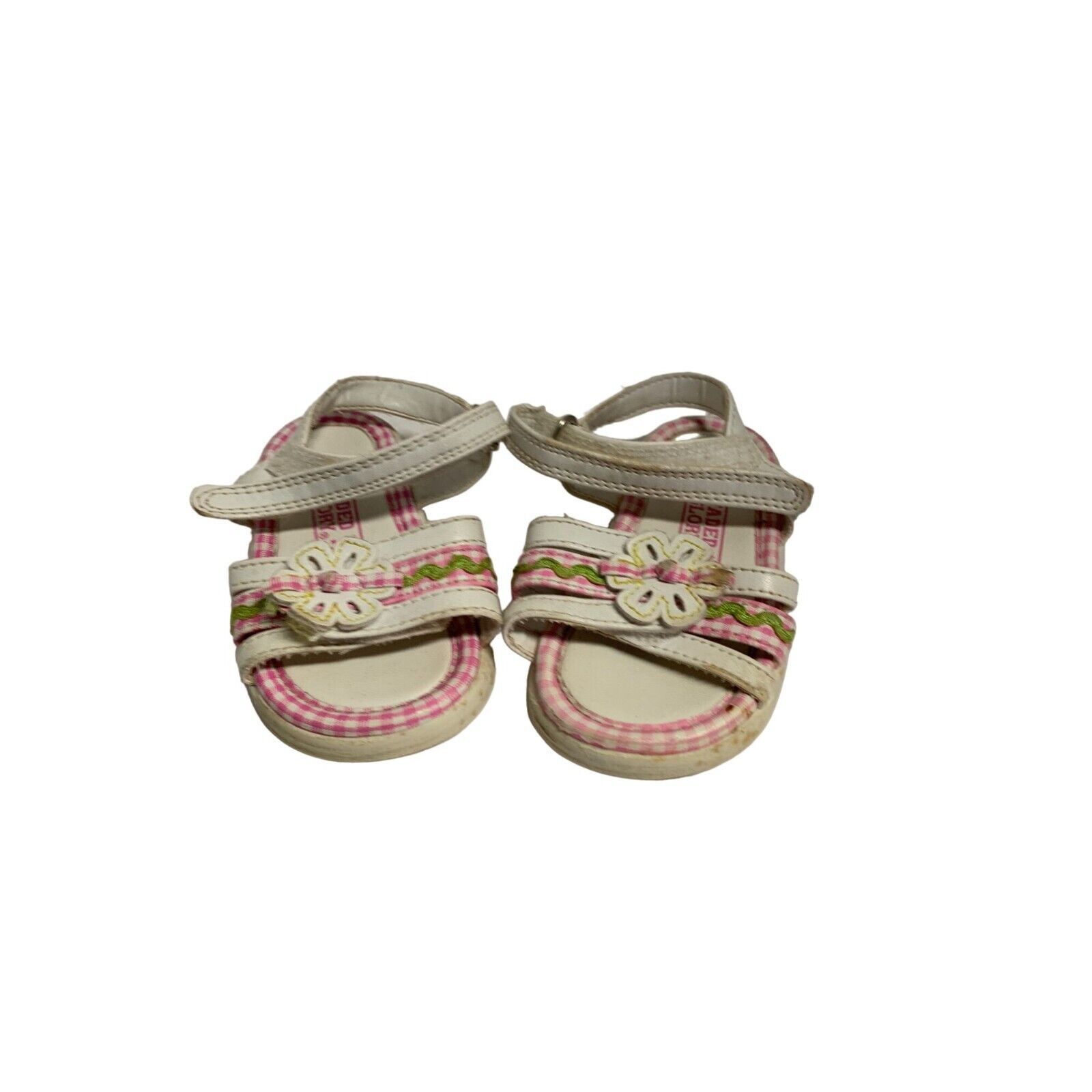 Faded Glory Baby Girls Infant Size 3 White Sandals Hook & Loop Pink Floral Gingh - $5.49