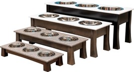 Triple Dish Modern Elevated Dog Feeder - Brown Maple Wood Corian Top And Bowls - £143.86 GBP