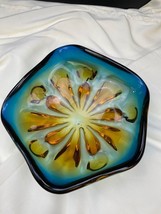 Vintage Art Glass Bowl Blue Yellow candy dish centerpiece SKU 6691 - $27.75