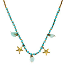 Beach Lover Starfish Seashore Dangle Blue Quartz and Brass Beads Boho Necklace - £8.76 GBP