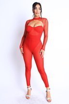 Red Mesh Cutout Long Sleeve Jumpsuit Set - £19.55 GBP