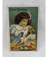 Vintage Easter Greetings Little Girl Holding Rabbit With Colored Eggs Po... - €7,48 EUR