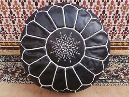 Black Morocco Leather Pouf , stool,Handmade hassock , Footstool ,Floor Cushion - £67.96 GBP