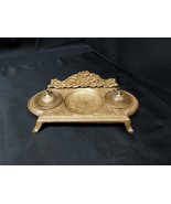 Old Footed Cast Brass Inkwell Desk Set Ornate Floral Design Unmarked - $39.99