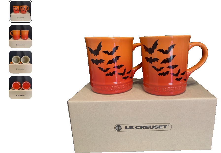Set of 2 Le Creuset Mug with Black Bats Halloween 14 OZ - Flame  Orange ... - $46.50