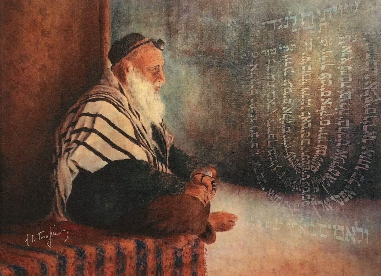 ITZHAK TORDJMAN &quot;RABBI READING MENORAH&quot; MIXED MEDIA ORIGINAL ON CANVAS C... - $895.50
