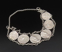 925 Sterling Silver - Vintage Double Chain Carved Coin Motif Bracelet - ... - $140.68