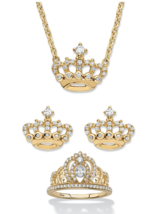 ROUND CZ STUD EARRINGS NECKLACE RING CROWN GP SET 14K GOLD STERLING SILVER - $269.99