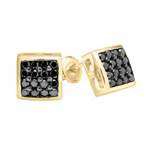 14K Argent Plaqué or Jaune 1/2 CT Noir Rond Diamants Pavé Boucles D&#39;Oreilles - £50.80 GBP