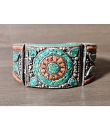 Rare Tibetan Nepalese Handmade Cuff Bangle With Turquoise And Coral Stone - $98.95
