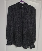 H&amp;M Black Polka Dot Sheer Pleated Long Sleeve Top Button Collar Women&#39;s Medium  - £5.98 GBP