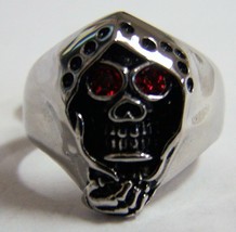 Grim Reaper Red Crystal Eyes Stainless Steel Ring Size 8 Silver Metal S-519 Cape - £5.64 GBP